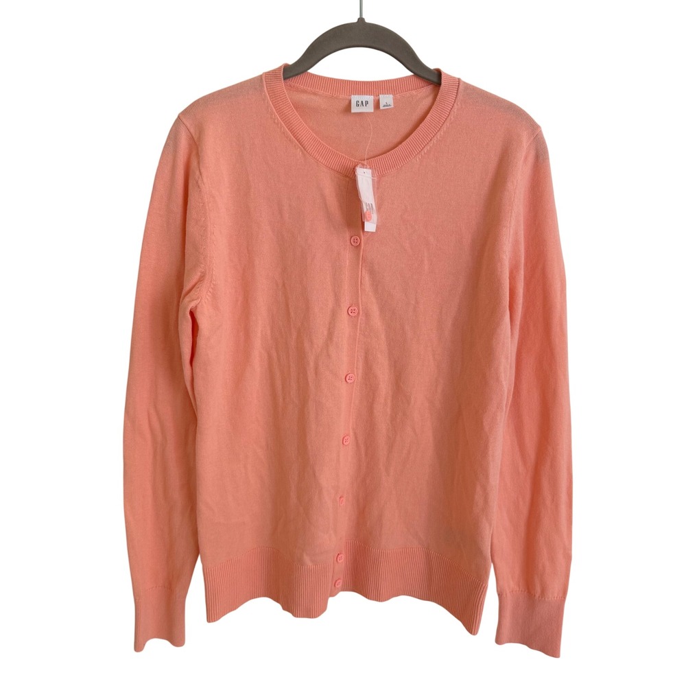 NWT GAP Creamy Coral Cotton Crewneck Cardigan Sweater Large 435664 New